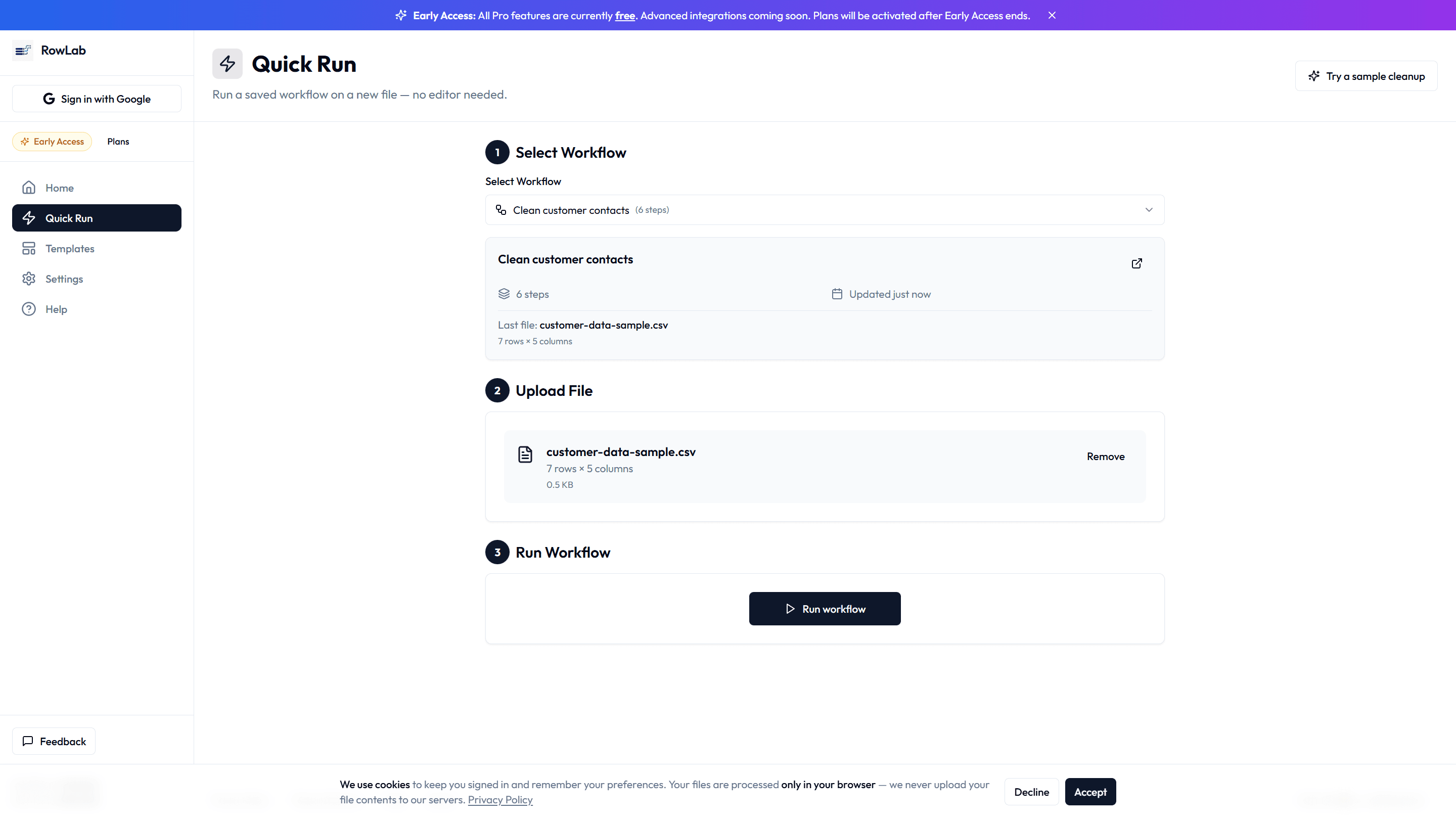 RowLab Quick Run with a sample cleanup ready to standardize expense rows