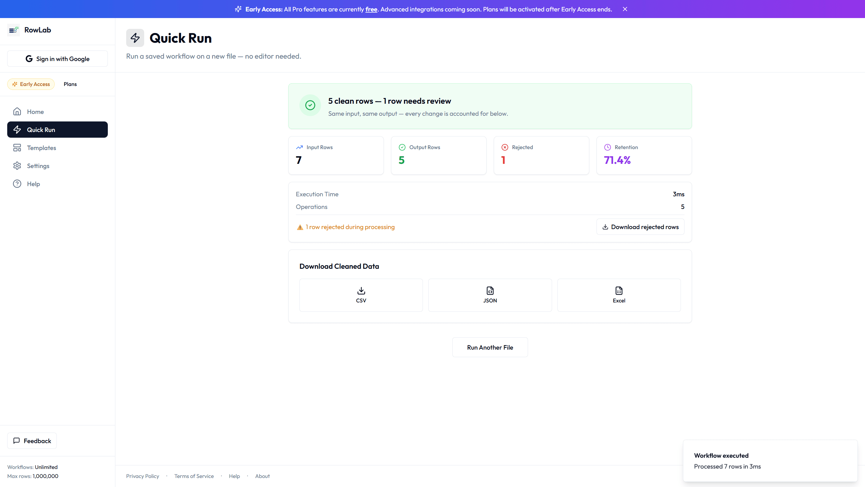 RowLab Quick Run screen with a sample workflow and file ready to run