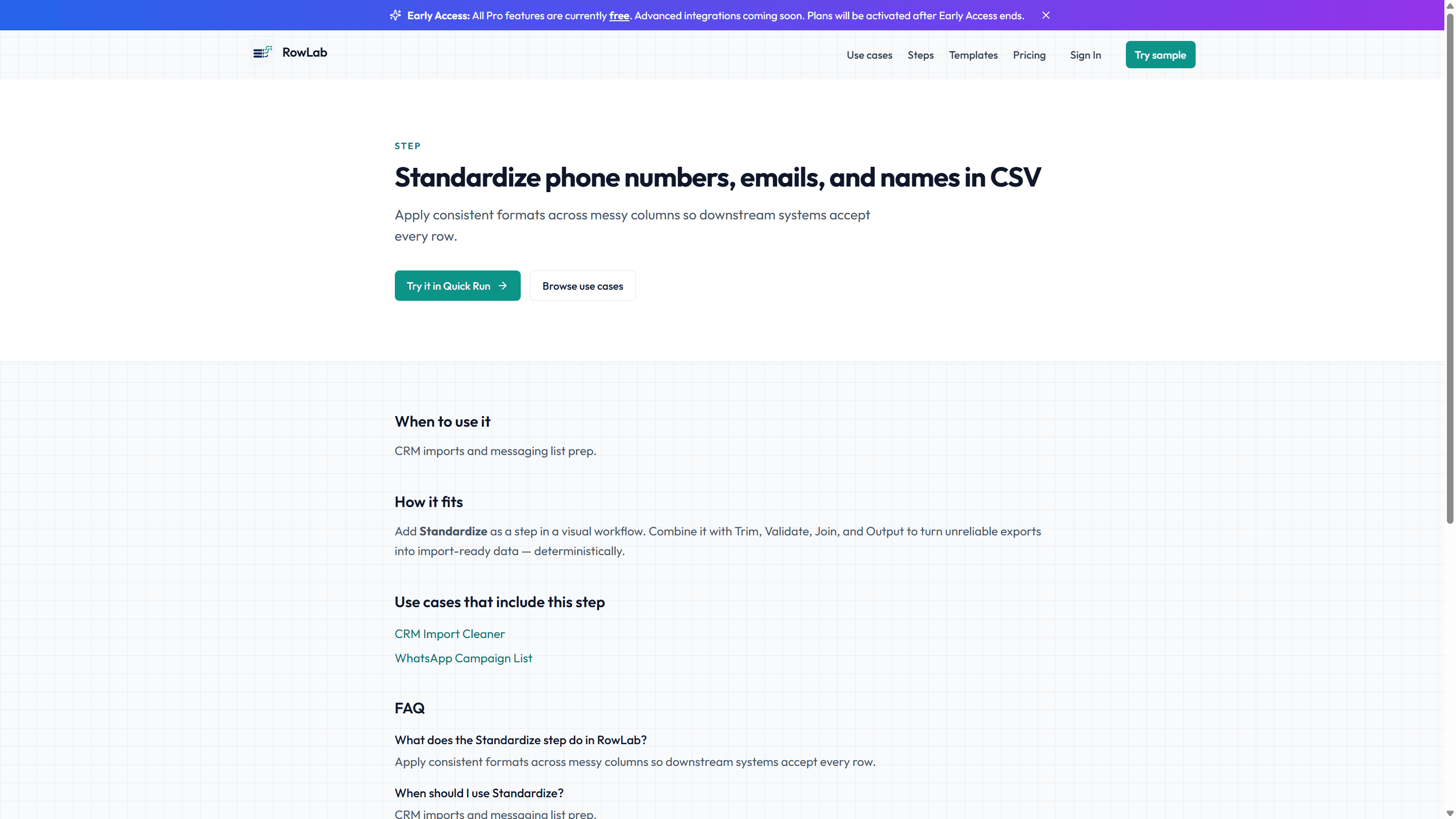 RowLab Standardize step for names, IDs, and bank field formats