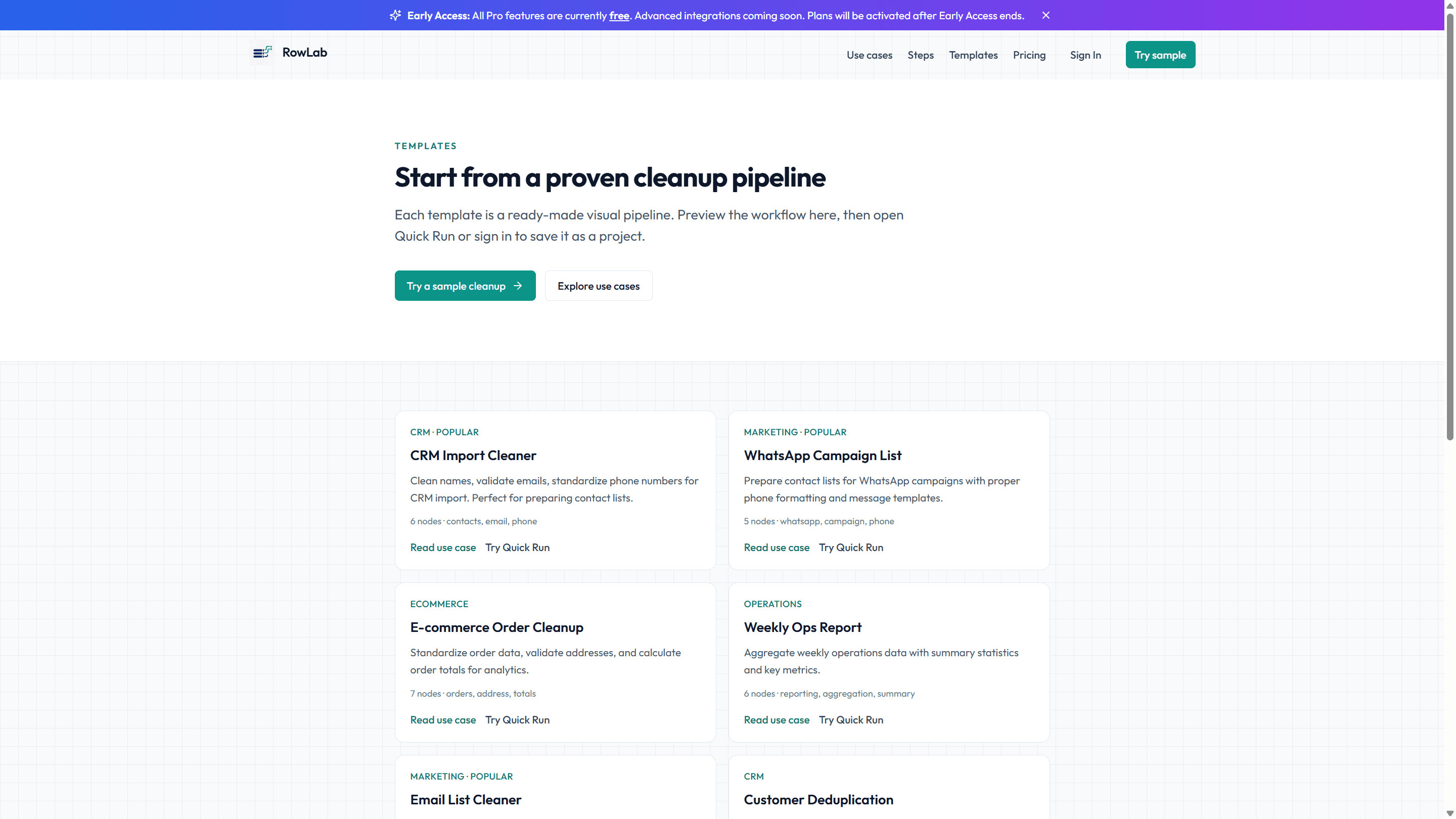 RowLab templates gallery with ready-made cleanup workflows