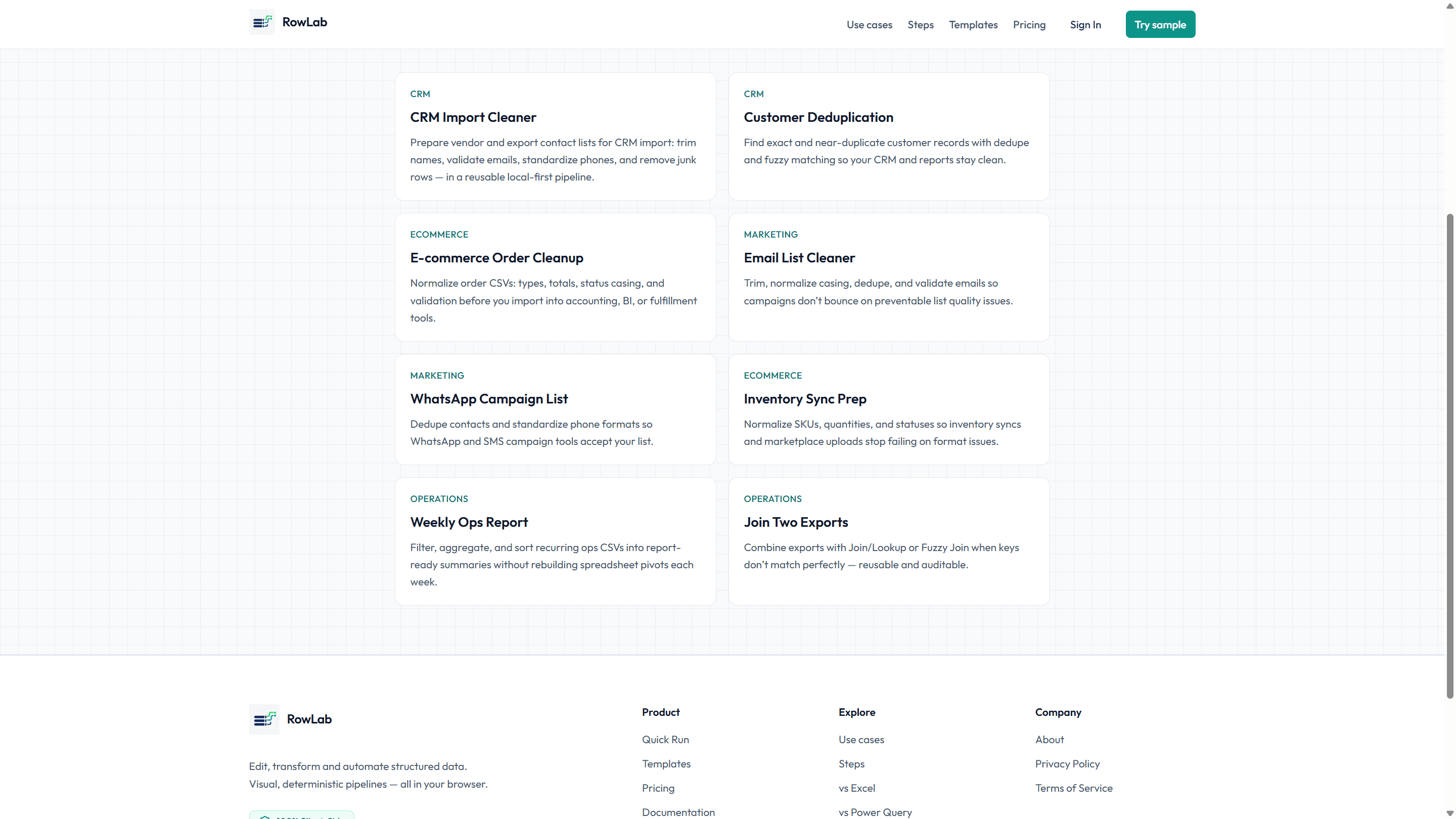 RowLab use cases including Inventory Sync Prep and Join Two Exports